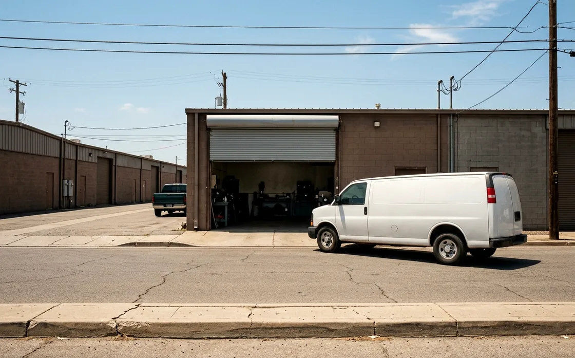 A small independent workshop unit on an ordinary street seen from across the road in hard midday sun, roller door half up, deep shadows under the eaves.