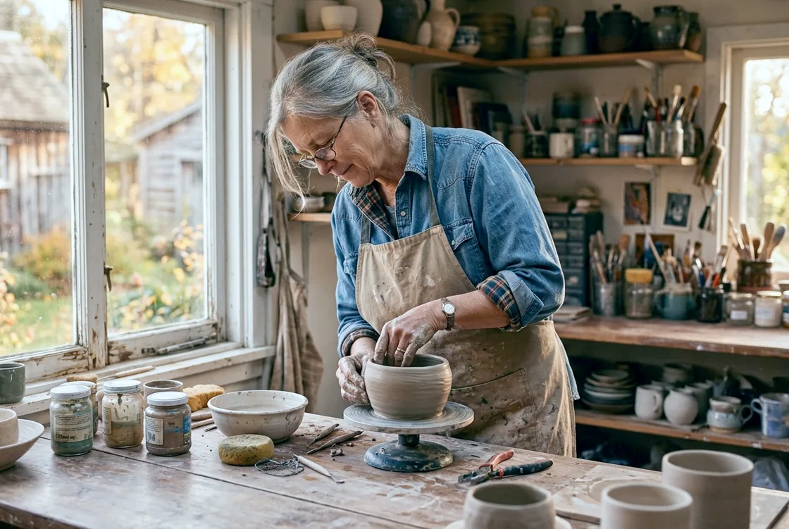 A woman in her late sixties working at a potter's wheel in her own small studio, sleeves rolled, absorbed in the work, afternoon light through a side window.