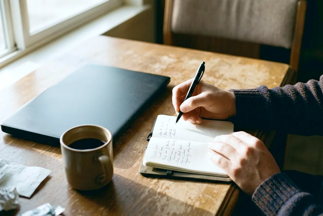 A hand writing a short list in a small notebook beside a closed laptop, morning light across the desk.