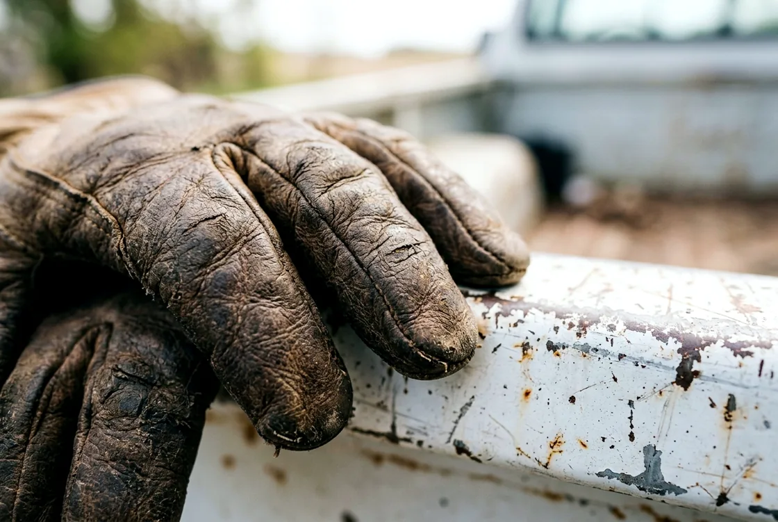 Extreme close-up of the creased leather fingertips of worn work gloves resting on the painted metal edge of a pickup truck tailgate.