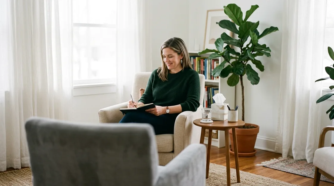 A therapist in her forties sitting in an armchair in a calm, plant-filled private practice office between sessions, writing in a notebook on her knee with a small smile, an empty armchair soft in the foreground.