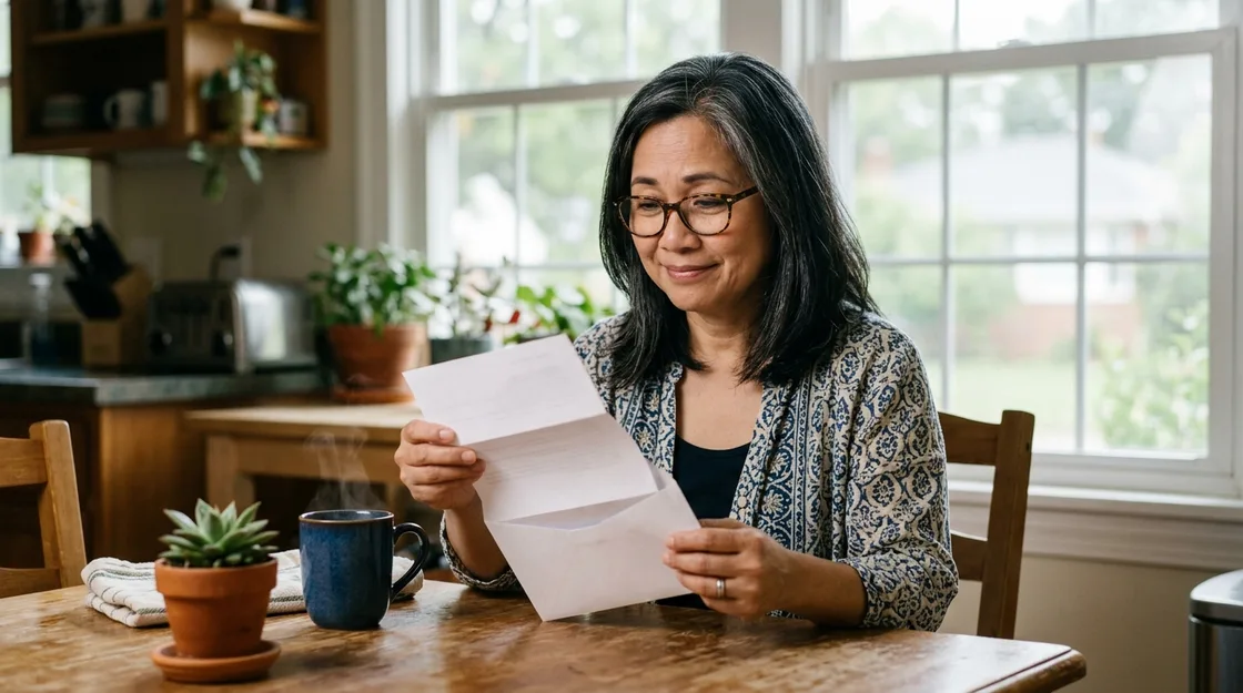 A woman in her fifties with glasses and gray-streaked dark hair at a kitchen table in the morning, reading a letter from an opened envelope with a small, relieved smile.