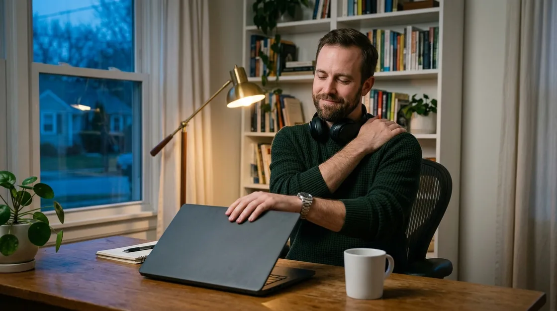 A therapist in his thirties at a desk in a quiet home office at dusk, headphones around his neck, lowering the lid of a laptop with one hand and rubbing his shoulder with the other, eyes half closed with a small, relieved smile.