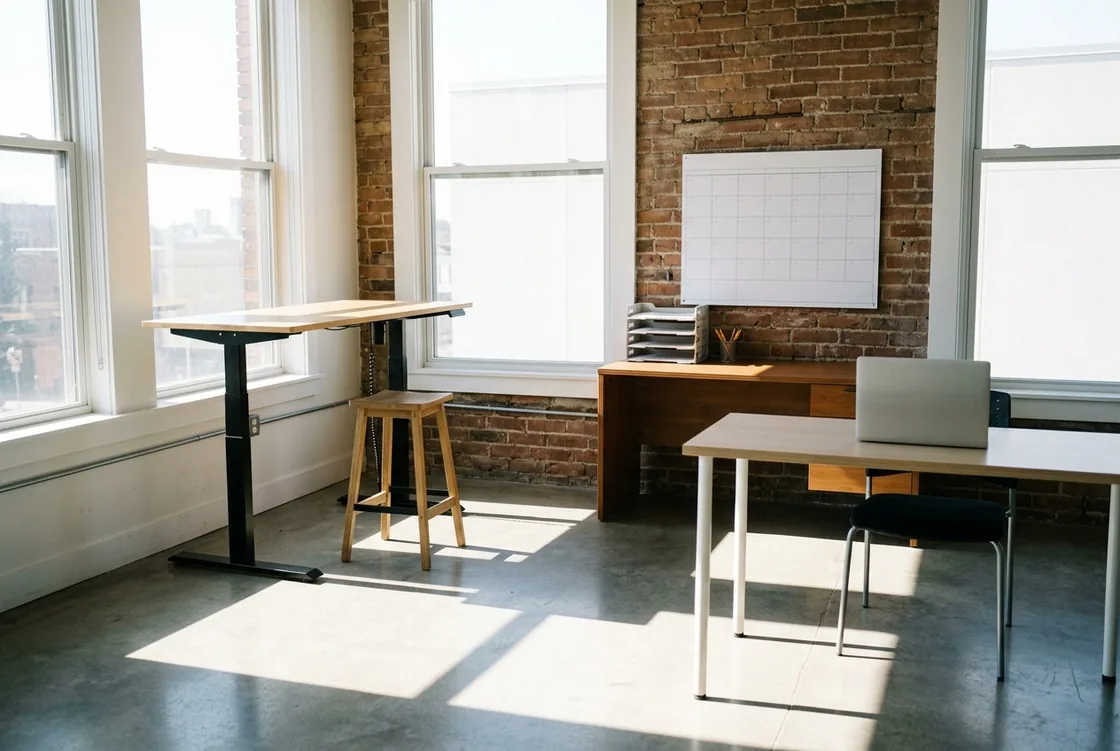 Three different work setups along one wall of a bright empty workspace &mdash; a bare desk with a laptop, a busier desk with paper trays and a blank wall calendar, and a standing desk with a stool &mdash; hard morning sun across the floor.