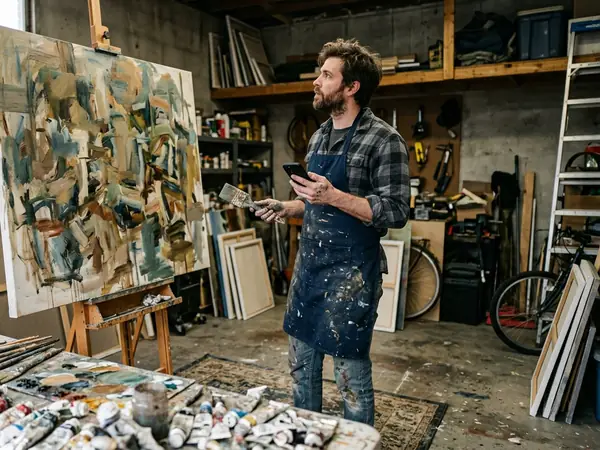 A painter in his studio checking his phone beside a large abstract canvas