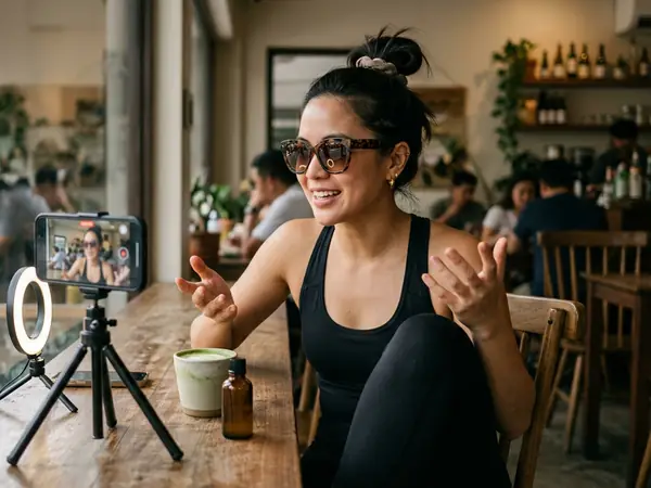 An influencer in sunglasses filming herself on a phone and ring light at a cafe table