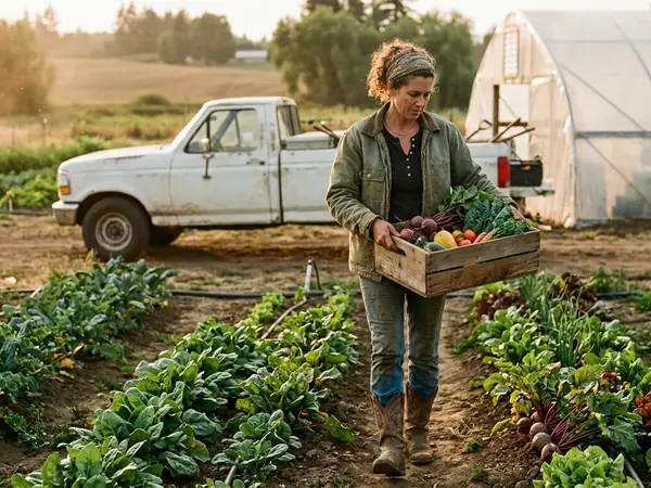 A small-scale farmer carrying a crate of fresh vegetables between rows, a pickup and greenhouse behind her