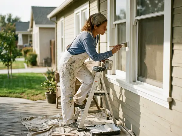 A house painter on a stepladder painting the trim around a window