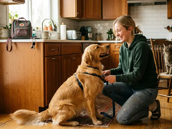 A pet sitter kneeling to clip a harness on a golden retriever in a client’s kitchen