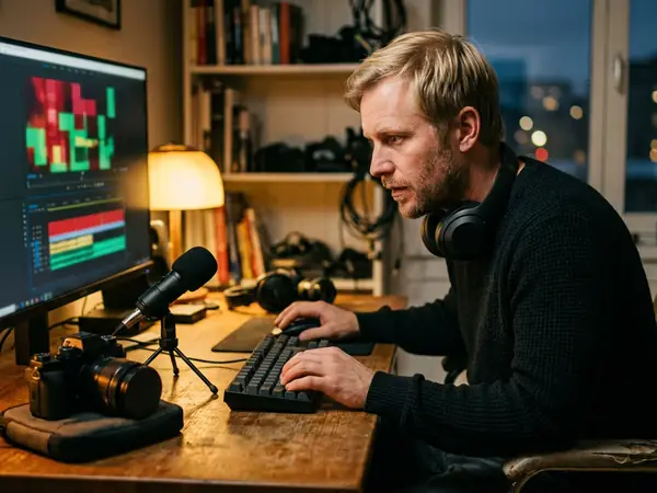 A content creator editing at his desk, with a microphone and camera beside the monitor