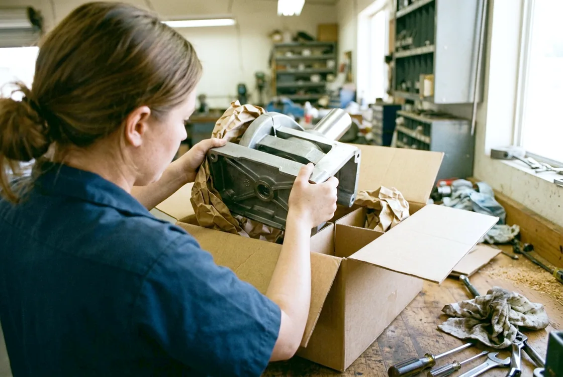A woman lifting a new piece of equipment out of a plain cardboard box on a workshop bench, packing paper still around it.