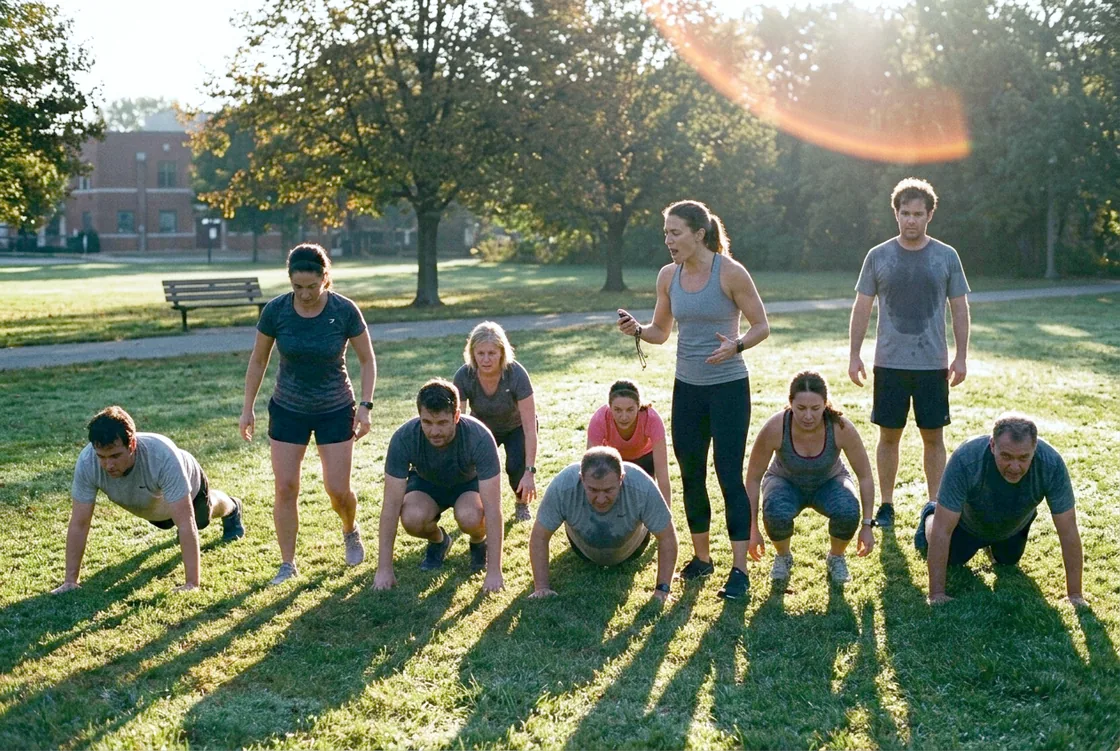 An outdoor bootcamp class mid-burpee on park grass at first light, backlit by a low sun with long shadows stretching toward the camera.
