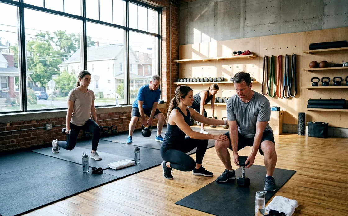 A personal trainer leading a small group class in a bright gym, correcting one participant's form while the others work.