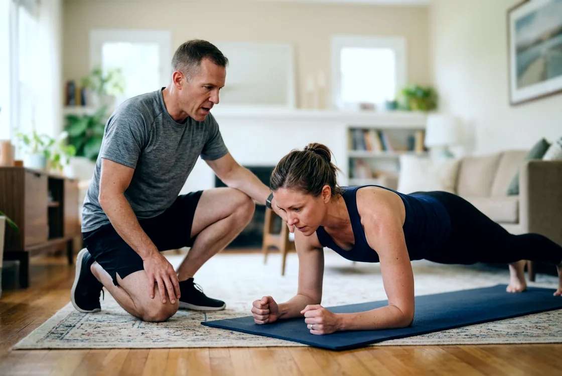 A trainer kneeling beside a client holding a plank on a mat in the client's own living room, one hand at her hip correcting the position.