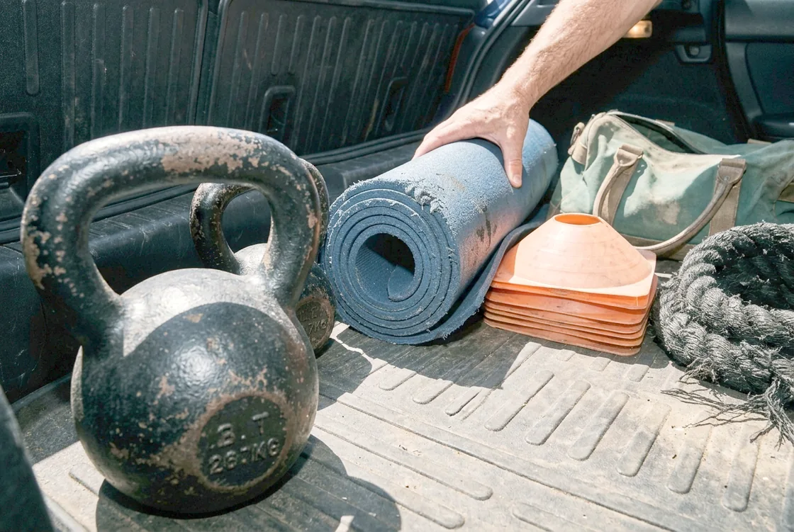 Kettlebells, a rolled mat, a stack of cones and a coiled rope loaded in the back of a car, a hand reaching in for the mat.