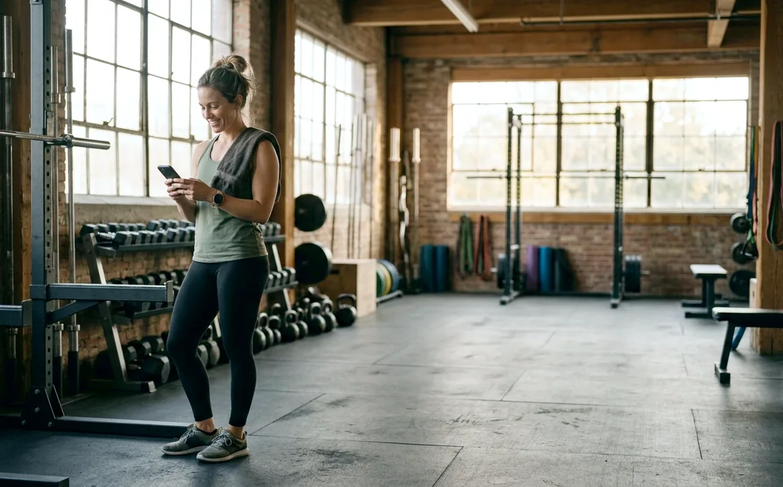 A personal trainer standing in a bright, empty gym checking her phone, tall windows along the wall behind her.