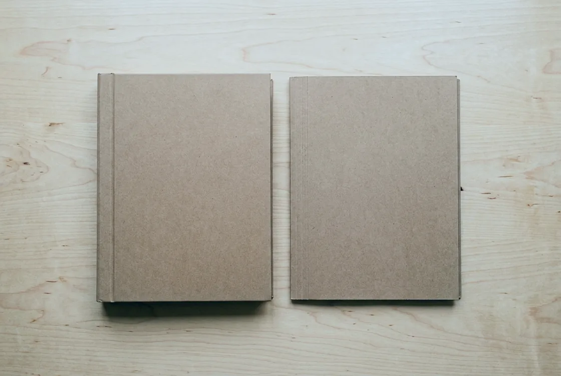 Looking straight down at two plain closed cardboard folders lying side by side on a pale wooden table, one slightly thicker than the other, in flat even light.