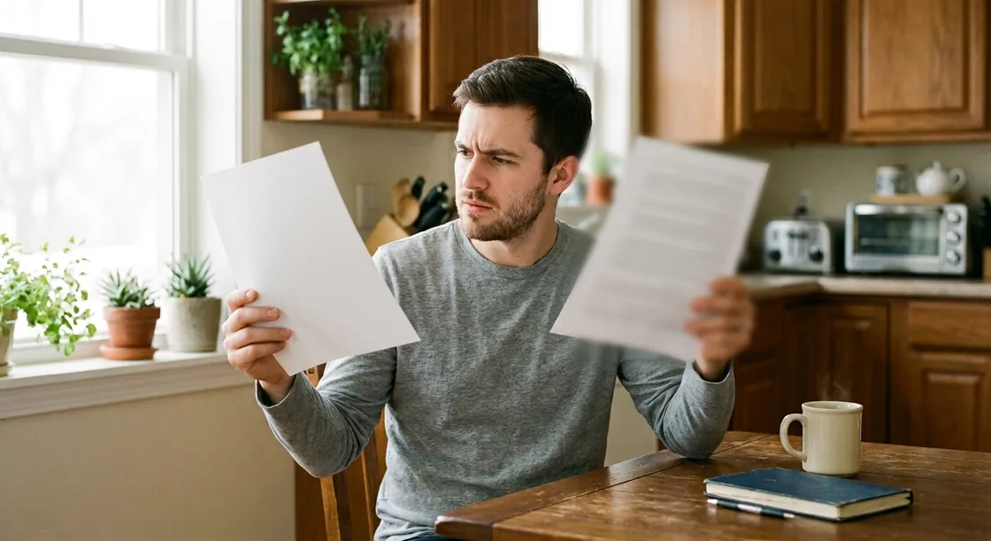 A young man at a kitchen table holding a sheet of paper in each hand, looking between them with a puzzled half-frown, both sheets angled away from the camera.