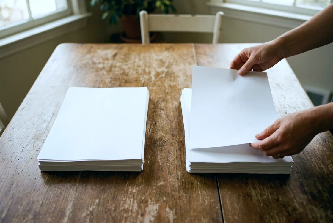 Looking down at a wooden table where a single pile of paper has been sorted into two neat stacks with a gap between them, a pair of hands adding one more sheet to the right-hand pile.