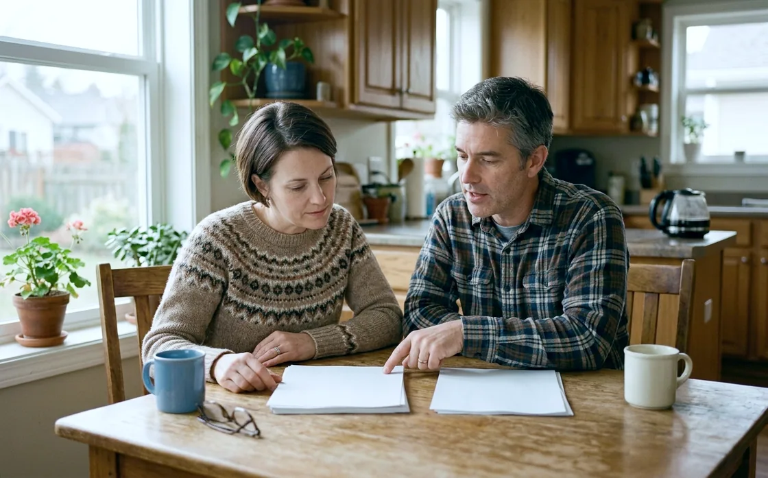 A couple in their forties sitting side by side at a kitchen table in morning light, two separate stacks of paperwork in front of them, one of them pointing at a page.