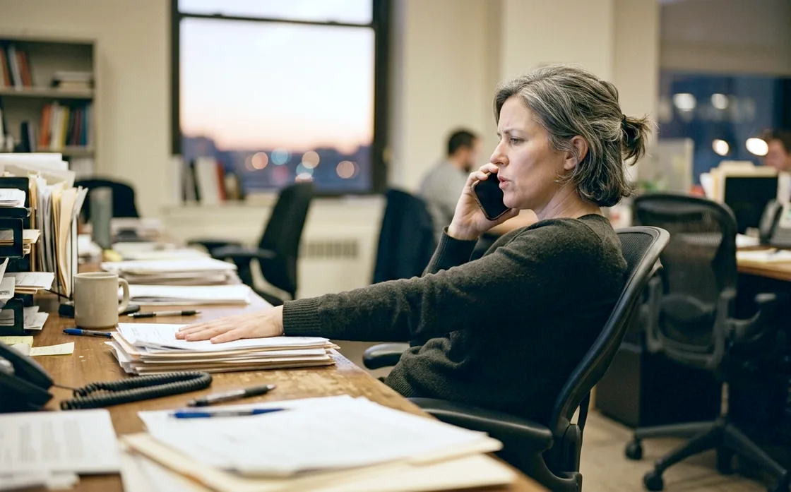 A woman in her forties leaning back in her chair mid-phone-call in an office in the early evening, jaw set, one hand flat on a stack of papers.