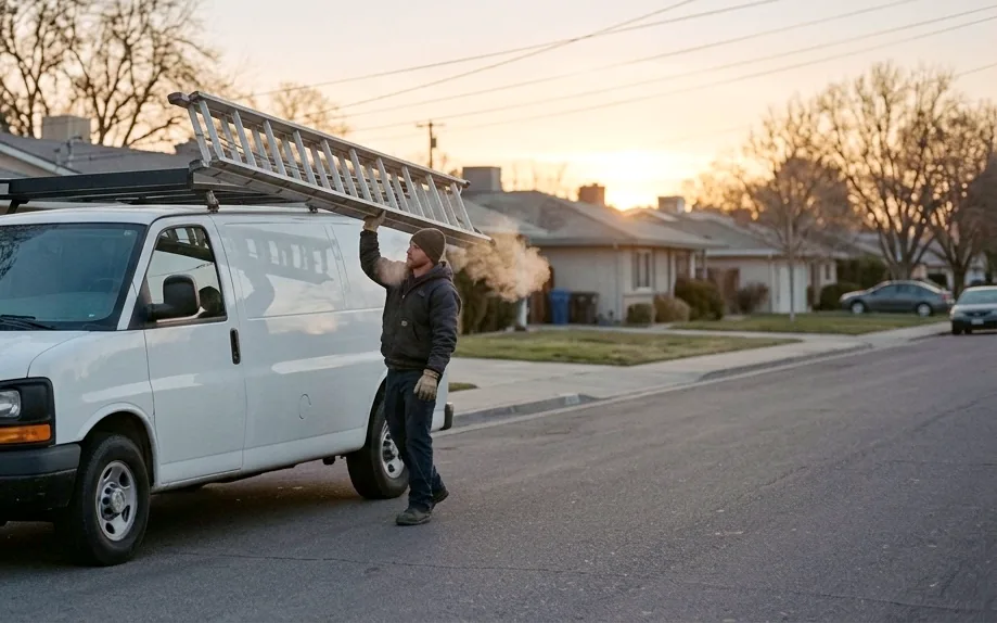 A tradesman lifting a ladder onto the roof rack of a plain white work van at dawn on a suburban street, his breath visible in the cold.