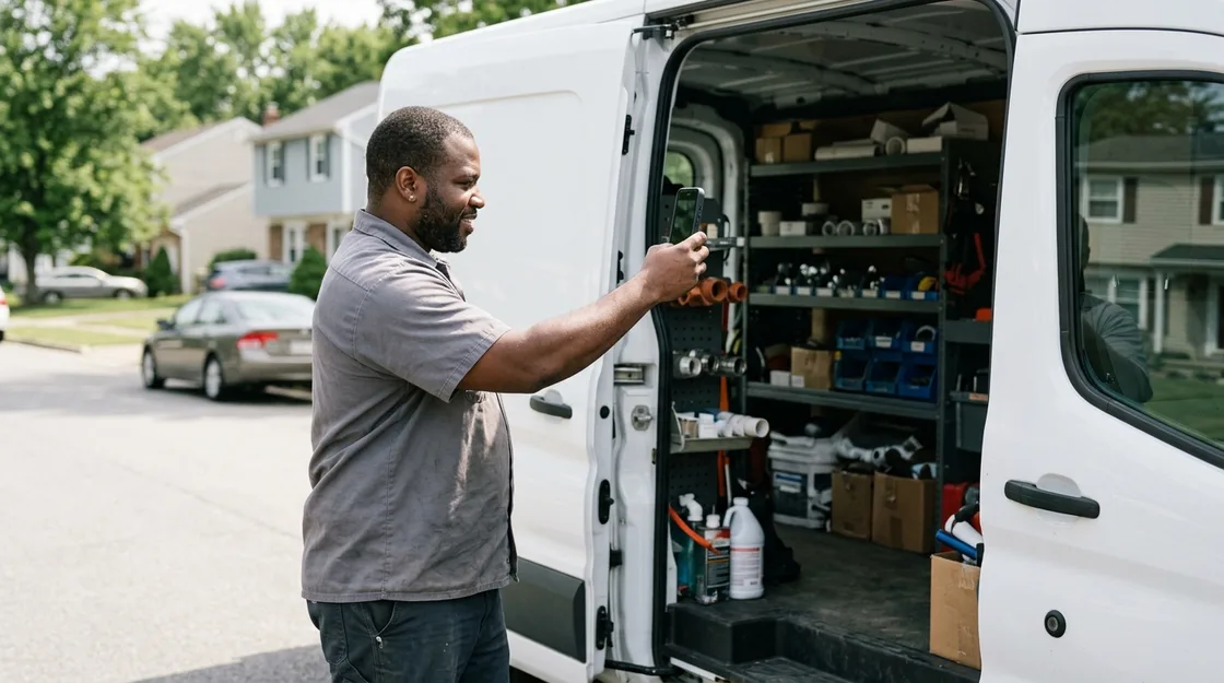 A plumber in his forties standing at the open side door of a plain white work van, holding a phone up to film the shelves of tools and fittings inside.