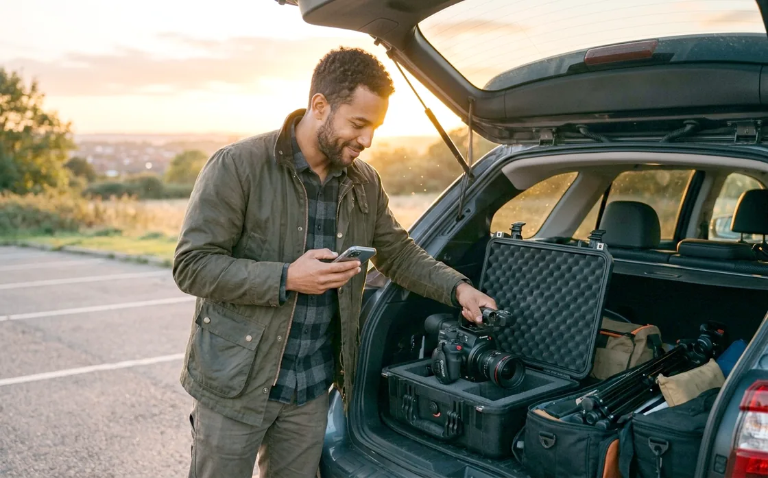A videographer packing a camera into a case in the back of his car at golden hour, glancing at his phone with a half-smile.