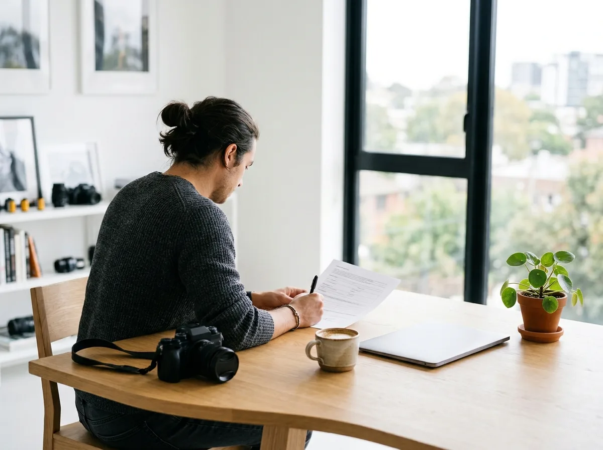 A freelance photographer at a light wooden table by a tall window, seen from behind, signing a single printed form beside a camera, a coffee and a closed laptop.