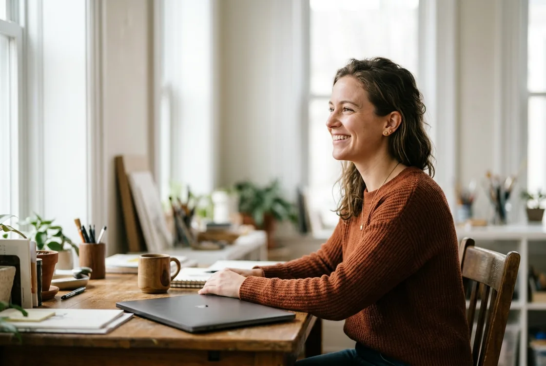A woman sitting sideways at a desk in her own studio, one hand on a closed laptop, smiling as she looks toward a bright window.