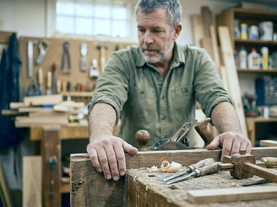 A woodworker at a bench in a workshop, mid-task, afternoon light through the window behind him.
