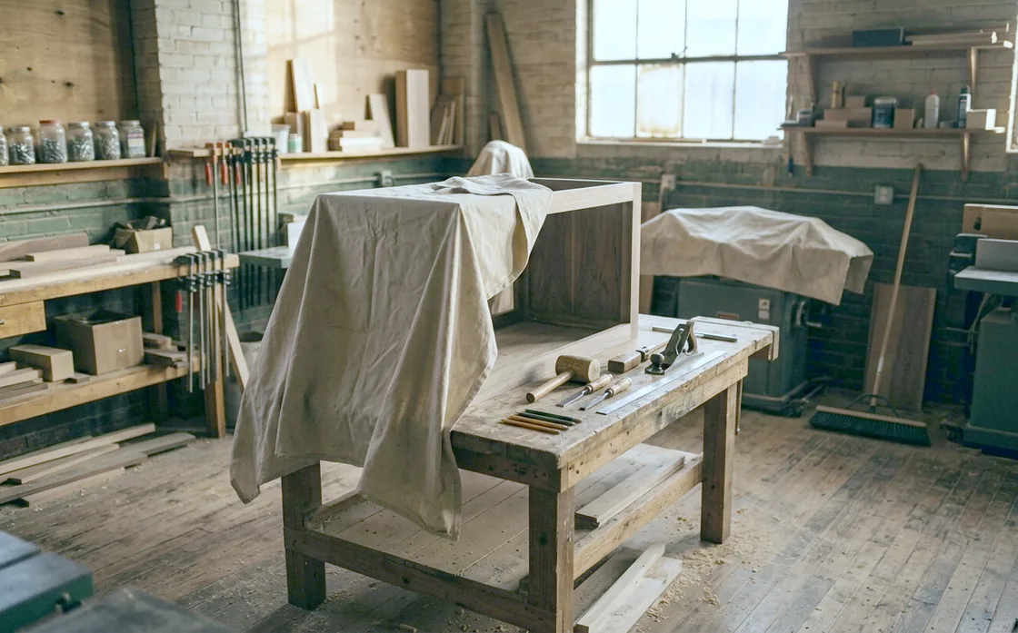 An empty workshop in late afternoon light: a half-finished piece of furniture on a bench under a canvas dust sheet, the tools set down neatly alongside, nobody in the room.