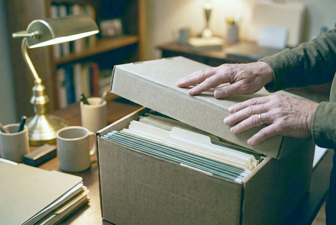 A pair of hands pressing the lid onto a document storage box on a desk, files visible inside just before it closes.